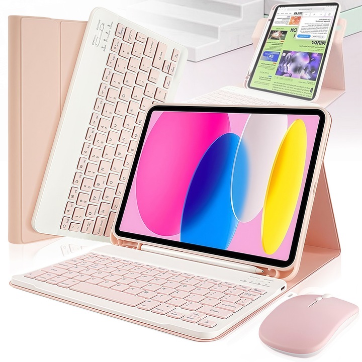 iPad Apple billentyűzetes tok, Excitat, kompatibilis iPad 10. generációs 2022-es, 10.9", 7 színben világító billentyűzet, Bluetooth, USB-C, 720°-ban elforgatható vízszintesen és függőlegesen, mágnesesen levehető, Bluetooth egérrel, Rose Gold