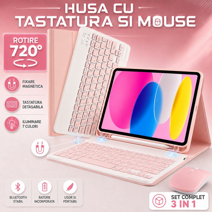 Husa cu tastatura pentru iPad Apple, Excitat®, compatibil cu tableta iPad 10th Gen 2022, 10.9", tastatura iluminata in 7 culori, Bluetooth, USB-C, Rotatie orizontala si verticala de 720°, detasabila magnetic, Cu mouse Bluetooth, Rose Gold