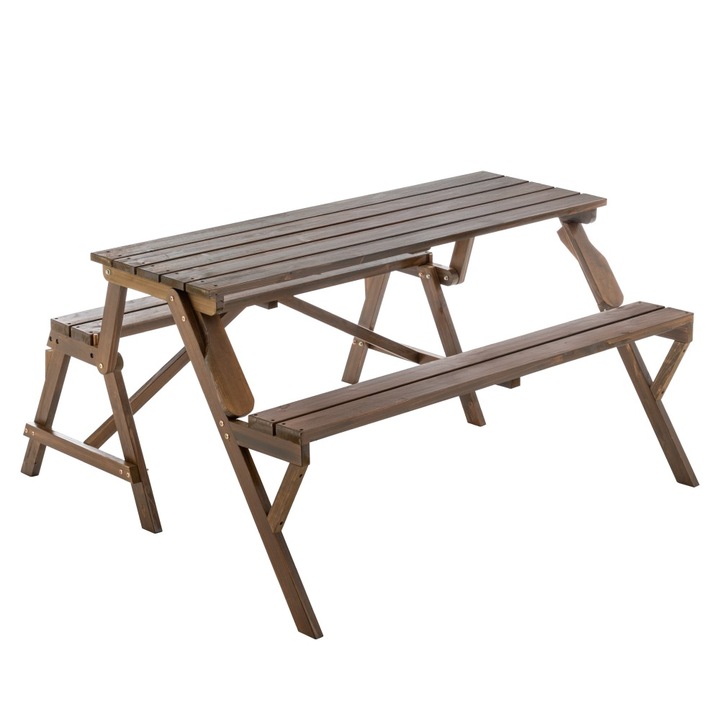 Masa de gradina 2in1 DacEnergy©, realizata din lemn de pin, se transforma intr-o banca confortabila, orificiu pentru umbrela, 139,5 x 133,5 x 73 cm, finisaj de culoare maro