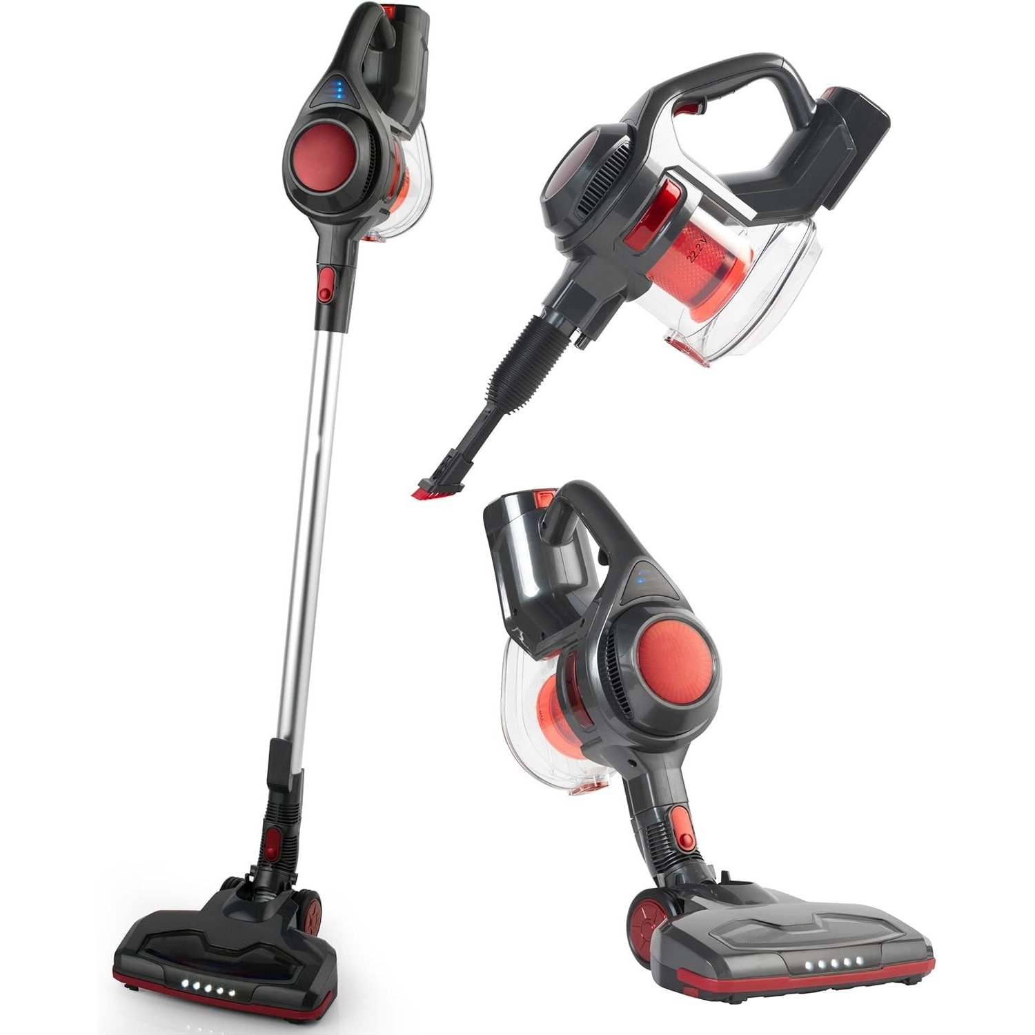 Aspirator vertical fara fir 2 in 1, 120W, Autonomie 40 min, Filtru HEPA, LED, Portabil, Ideal pentru casa, birou, masina, par de animalute, usor, puternic, multifunctional, curatenie rapida, eficienta si moderna, Rosu/Negru, BUGHY'S