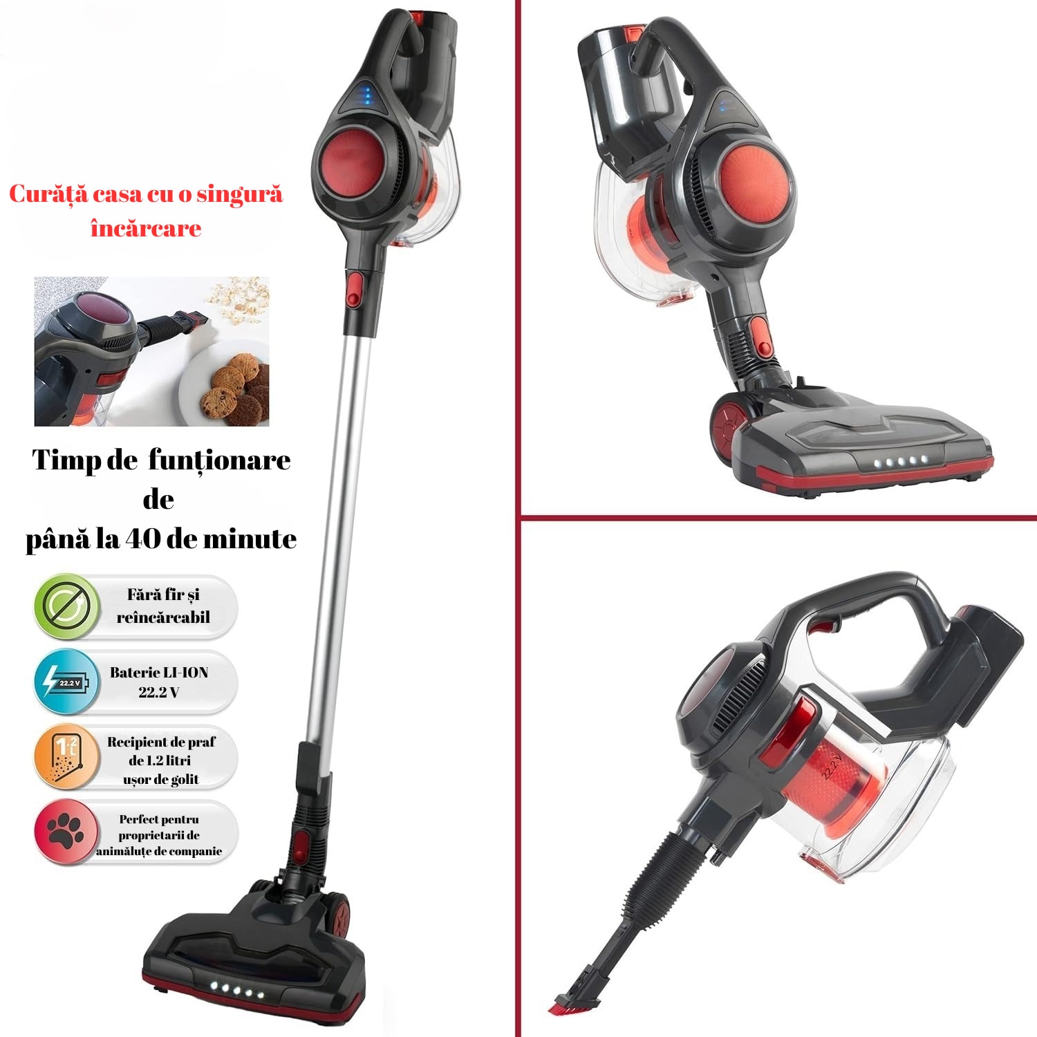 Aspirator vertical fara fir 2 in 1, 120W, Autonomie 40 min, Filtru HEPA, LED, Portabil, Ideal pentru casa, birou, masina, par de animalute, usor, puternic, multifunctional, curatenie rapida, eficienta si moderna, Rosu/Negru, BUGHY'S