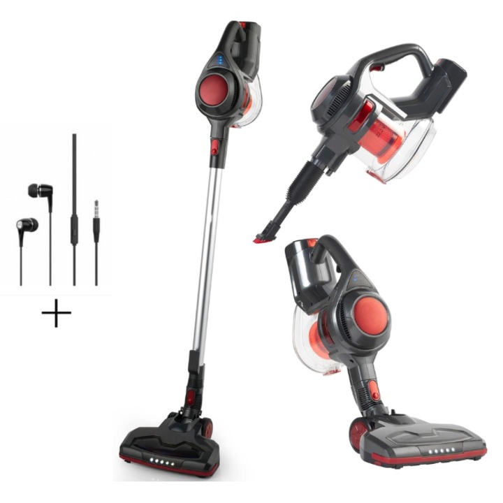 2 в 1 безжична вертикална прахосмукачка, 120 W, 40 мин. автономия, HEPA филтър, LED, преносима, идеална за дома, офиса, колата, домашните любимци, лека, мощна, многофункционална, бързо почистване, ефикасна и модерна, червена/черна, BUGHY'S