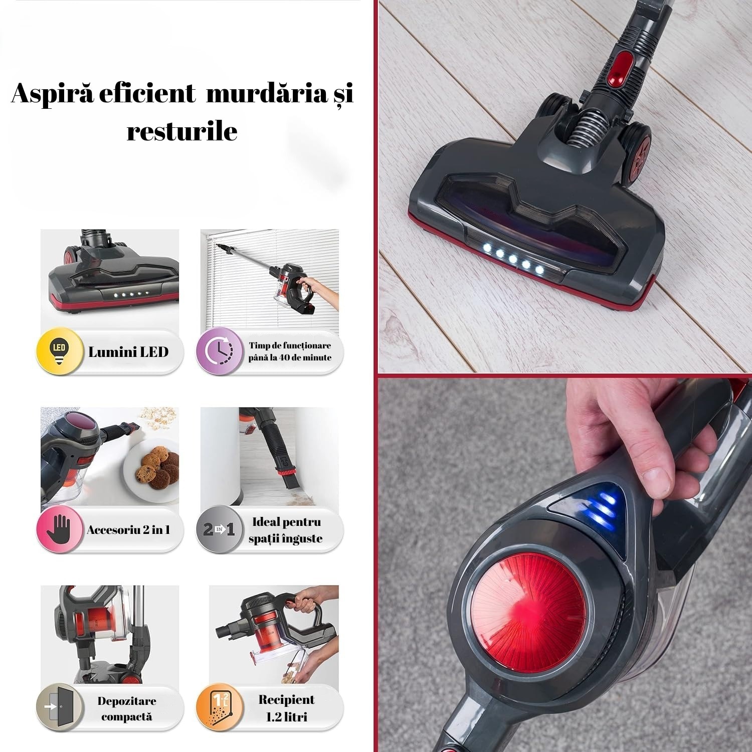 Aspirator vertical fara fir 2 in 1, 120W, Autonomie 40 min, Filtru HEPA, LED, Portabil, Ideal pentru casa, birou, masina, par de animalute, usor, puternic, multifunctional, curatenie rapida, eficienta si moderna, Rosu/Negru, BUGHY'S