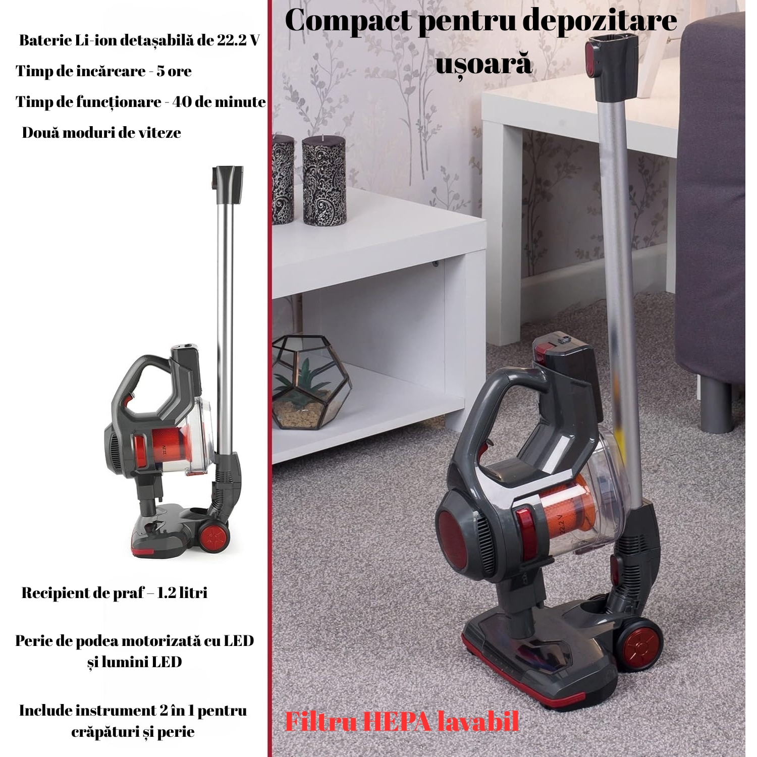 Aspirator vertical fara fir 2 in 1, 120W, Autonomie 40 min, Filtru HEPA, LED, Portabil, Ideal pentru casa, birou, masina, par de animalute, usor, puternic, multifunctional, curatenie rapida, eficienta si moderna, Rosu/Negru, BUGHY'S