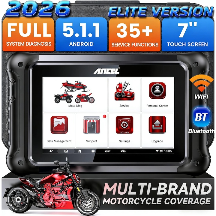 ANCEL MT700 – Scaner OBD2 pentru motociclete, instrument de diagnosticare completa a sistemului, instrument de scanare a codurilor de eroare pentru motociclete, resetare service, suport pentru peste 35 de functii de resetare pentru Kawasaki/Suzuki/BMW