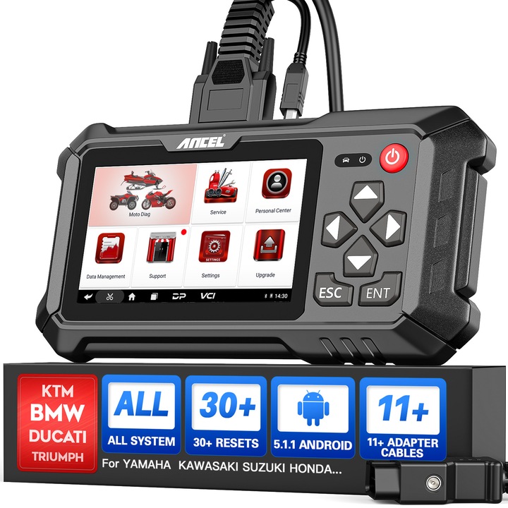 Instrument de diagnosticare pentru motociclete, ANCEL MT500, Scanerul motocicletei se potriveste pentru Harley Yamaha Honda Kawasaki Suzuki Indian Polaris BRP Victory Motorcycle OBD2 Scaner, 30 + Reset, Android 5 '' ecran tactil