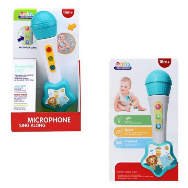 Microfon de jucarie pentru copii, cu lumina si sunet, 14x8x25 cm, albastru cu alb