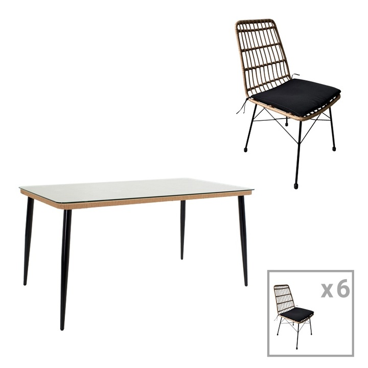 Set Masa si Scaune de Exterior, 7 Piese, Model Naoki V2, Natural/Negru, 160x90x78 cm