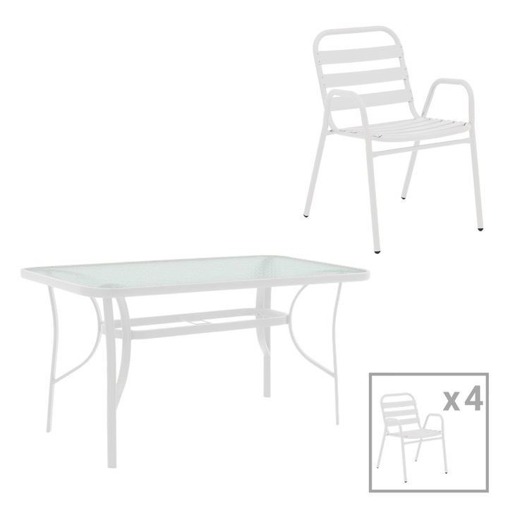 Set masa si scaune de exterior, 5 Piese, Model Sussie-Ensure, Alb, 120x70x70 cm
