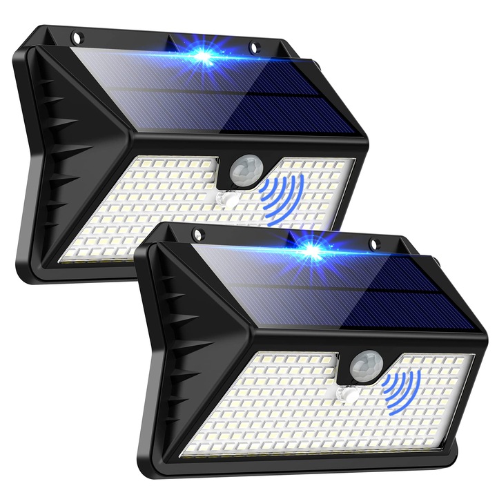 Соларни лампи Ouila за открито, 3 режима 2200Mah соларен LED със сензор за движение, соларна лампа със 185 светодиода, водоустойчива стенна лампа IP65 за градина, двор, стъпала, вътрешен двор, входни врати, гараж (пакет от 2)