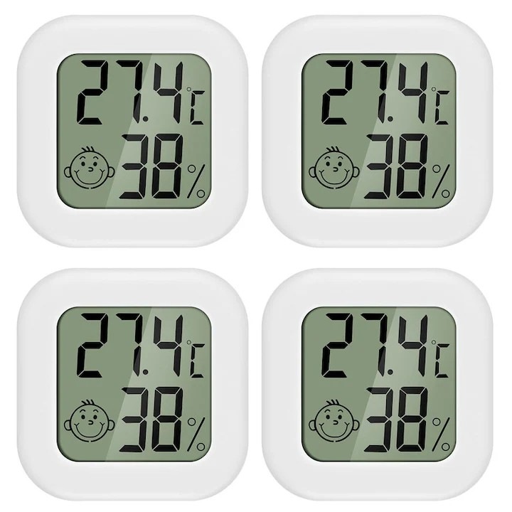 Set 4 Termometru si higrometru de camera, Stone®, indicator comfort, digital, citire 10s, gama profesionala, suport agatare sau stand, Alb