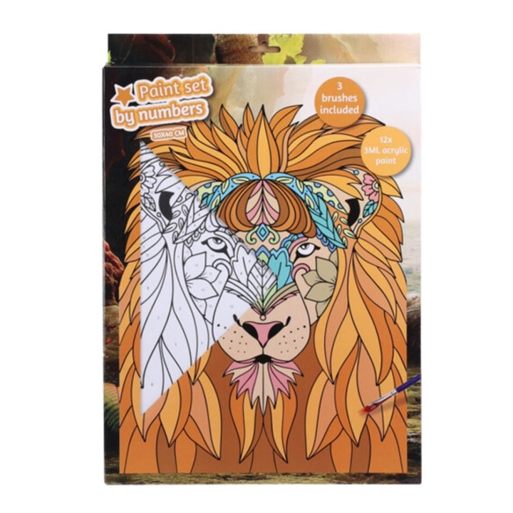 Set Pictura pe Numere – Model Leu | 30x40 cm | 12 Culori Acrilice + 3 Pensule