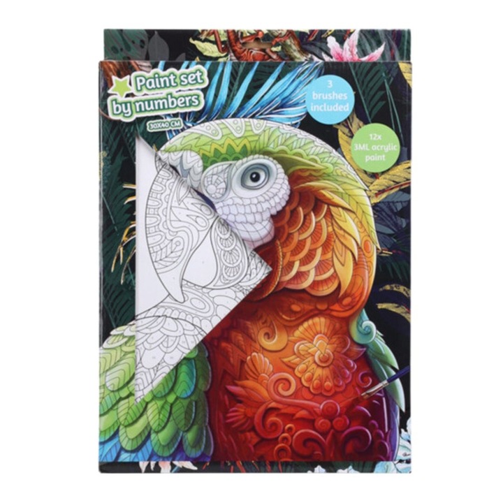 Set Pictura pe Numere – Model Papagal | 30x40 cm | 12 Culori Acrilice + 3 Pensule