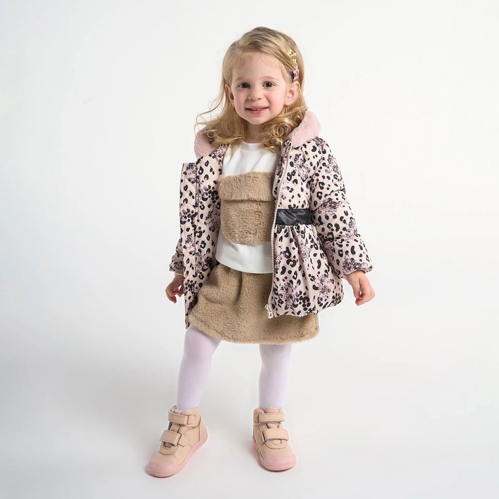 Geaca groasa cu blanita, cu gluga si curea in talie, PANCO - Baby, Bej - Animal Print, pentru fetite, Bej