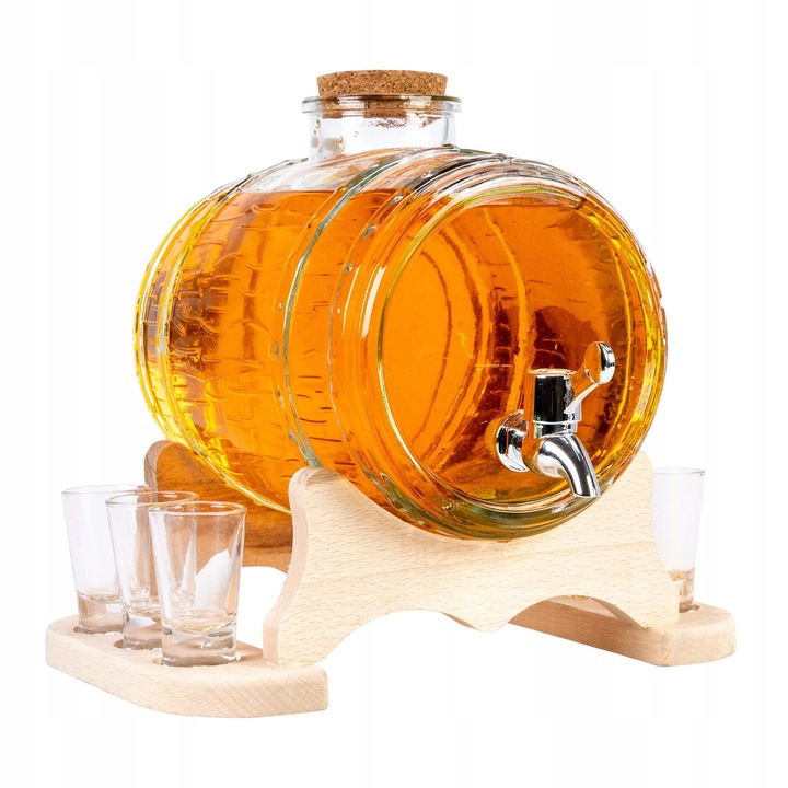 Set butoi de sticla cu robinet si sticla de sticla, Super Butelki, pentru lichior, vodca, suc, bauturi din fructe, design elegant, dop de pluta strans care asigura prospetimea continutului, 27 cm X 25 cm X 16 cm, transparent