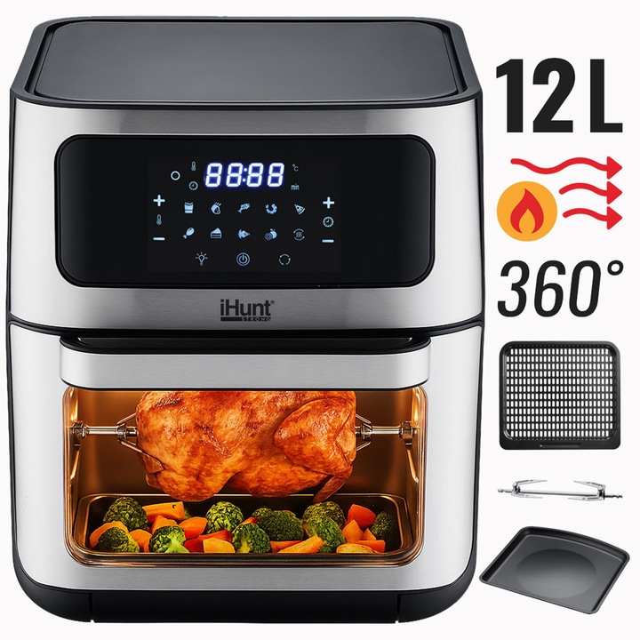 Friteuza cu aer cald si rotisor fara ulei iHunt Bro Air Fryer 12L Rotary, 1800W, Carcasa Inox Premum, 10 functii de gatire + rotisor fara ulei, Temperatura Ajustabila, Decongelare, Silver