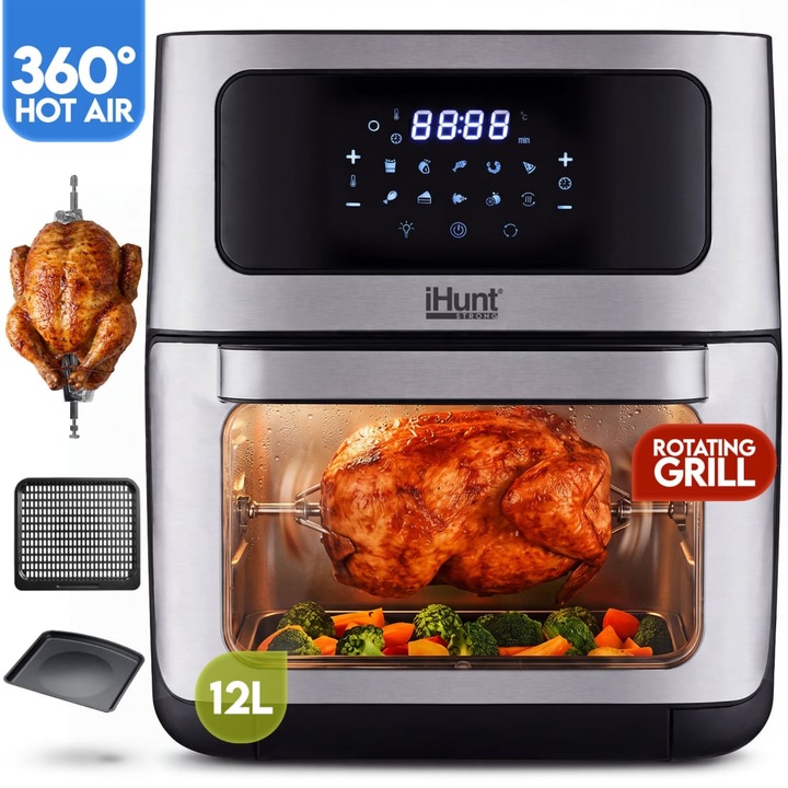 Friteuza cu aer cald si rotisor fara ulei iHunt Bro Air Fryer 12L Rotary, 1800W, Carcasa Inox Premum, 10 functii de gatire + rotisor fara ulei, Temperatura Ajustabila, Decongelare, Silver