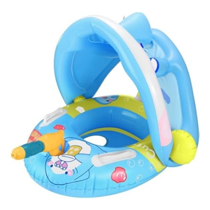 Colac gonflabil, protectie solara, model Barcuta, pistol cu apa, albastru deschis, 70 cm