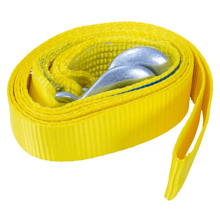 Curea De Remorcare, Unitrailer, Lungime 3 M, Latime 50 mm, Forta Maxima De Tractiune 3 Tone, Carlige Metalice, 3 M x 50 mm, Galben