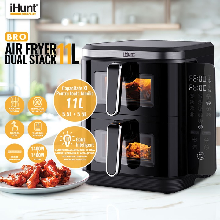 Friteuza cu aer cald fara ulei iHunt Bro Air Fryer 11L Dual Stack, Dual Zone 2800W (1400W + 1400W), Ecran digital, 12 functii de gatire, Temperatura Ajustabila, Decongelare si temporizare, Black