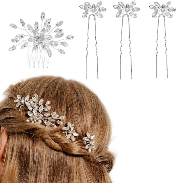 Set de 4 accesorii de par de mireasa cu cristale stralucitoare, coafuri elegante, ace de par din metal argintiu, pieptene laterale pentru par cu cristale agrafe de par cu pietre pretioase pentru femei, accesorii de par de nunta pentru femei