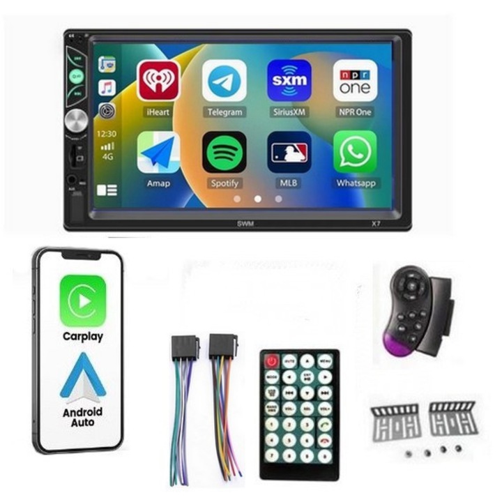 MP5 Player SkyTechs® navigatie 2din Carplay si Android Auto putere 4 x 60W ecran HD Touch 7" comenzi volan receptor bluetooth 4.2 mirrorLink video IOS / Android 2 x Usb bluetooth 4.2 suporti prindere