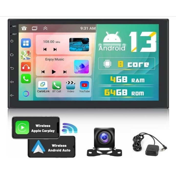 Navigatie GPS SkyTechs® Android 13 Carplay 4GB RAM 64GB ROM display 7 inch bluetooth 5.0 pentru VW Passat B5 Golf 5 6 Skoda Octavia Yeti Superb Fabia Seat Polo MK3, MK4