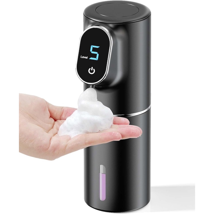 Okosszappanadagoló, Hesasa®, 5 adagolási szint, LED kijelző, USB töltés, mozgásérzékelő, érintésmentes, vízálló, 320ml, fekete
