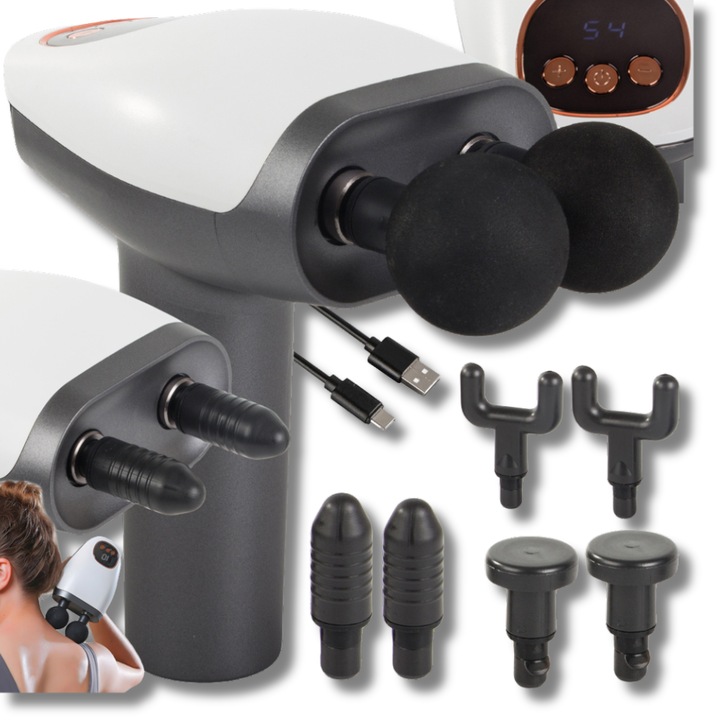 Професионален масажор Velixo® с двоен пистолет, 8 сменяеми глави, 10 скорости, 3200 об/мин, LCD екран, за гръб, гърди, ръце, крака, рамене, мускулна релаксация и тонизиране, безшумен мотор, сив/бял