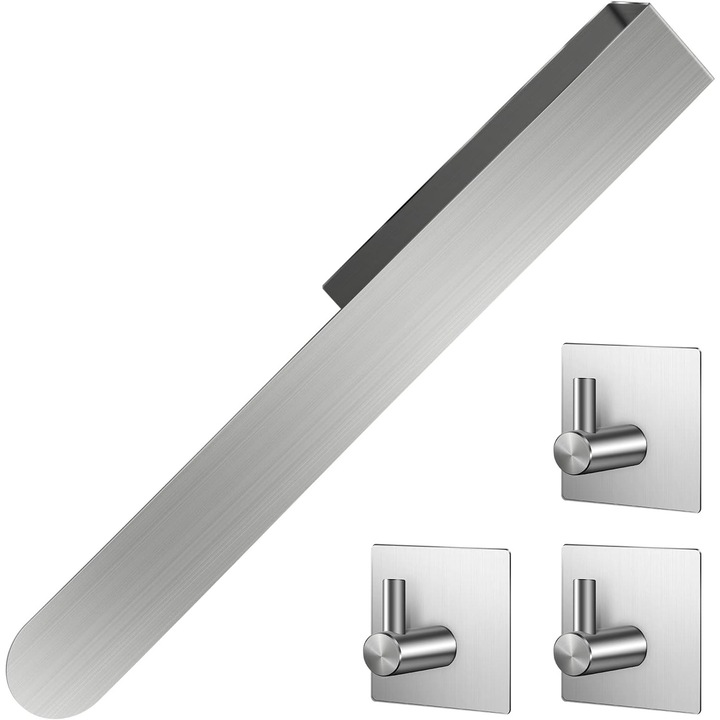 Suport pentru prosoape autoadeziv, fara gaurire argintiu - set cu adeziv si 3 carlige