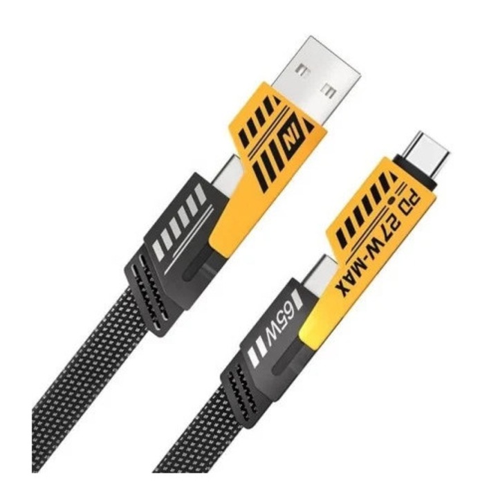 Cablu de Date Incarcare Rapida si Transfer Date 4-in-1 USB-C PD 65W/27W, KLUDOO® 1M - Type-C, USB-A, Compatibil iPhone, iPad, Samsung, Huawei, Android, Laptopuri, Negru/Galben