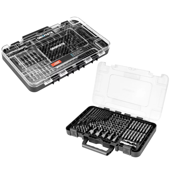 Set de 120 de burghie si biti GRAPHITE, diverse dimensiuni, 11 burghie spiralate, 88 biti de 25 mm, 15 biti de 50 mm, 5 capete magnetice