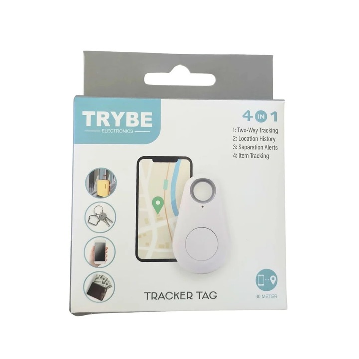 Dispozitiv inteligent de Localizare Gift Design TRYBE Tracker Tag 4-in-1 – Bluetooth, Alerte Anti-Pierdere, Istoric Locatie, 30 m