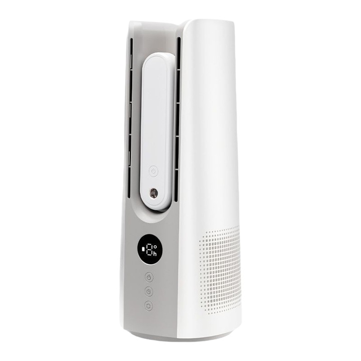 Ventilator fara lame cu doua turnuri, 128x342mm, 9 setari de viteza, rezervor de apa de 400 ml, turbina dubla, racire extrem de rapida, hidratare cu ceata fina, 3500 mAh, durata lunga de viata a bateriei, alb