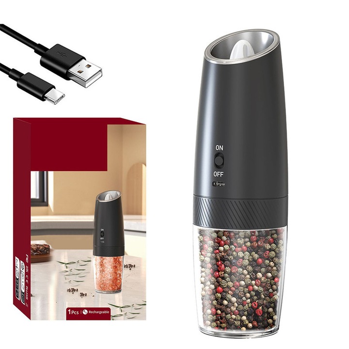 Rasnita electrica sare si piper Set de 1, cu camere depozitare transparente, Reglare Grosime Macinare, Reincarcabile, Cablu USB, lumina LED