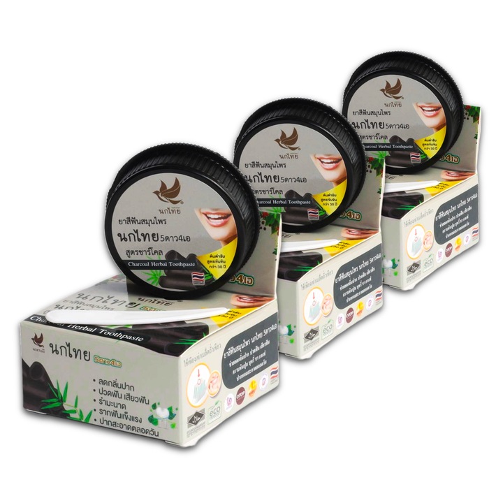 Таиландска натурална избелваща паста за зъби NOKTHAI с активен въглен, концентрирана, комплект 3 x 25 g