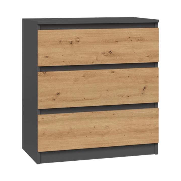 Comoda Malwa M3, antracit/dab artisan, 3 suflade, design modern