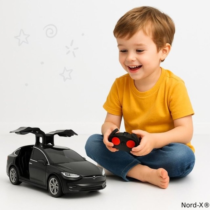 Nord-X® Masinuta cu Telecomanda – Model Tesla, Usi Deschise Manual, Faruri Functionale, Control de la Distanta, Negru