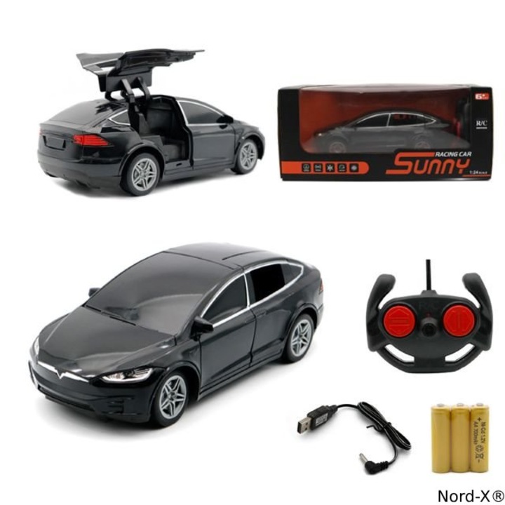 Кола с дистанционно управление Nord-X® – модел Tesla, ръчно отварящи се врати, функционални фарове, дистанционно управление, бял цвят