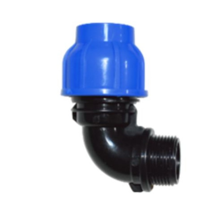 Cot compresiune PEHD, 90 grade, teava 32 mm cu filet exterior 1 ", utilizat in instalatii apa