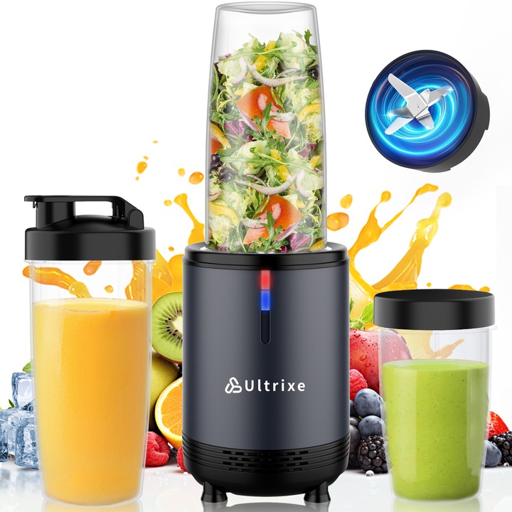 Електрически мини блендер, Ultrixe, 1200W, Преносима чаша 500мл и 700мл с подвижен капак, Мултифункционален, Черен