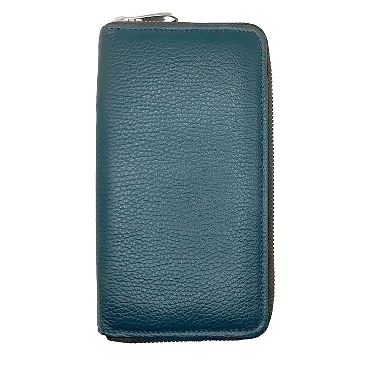 Portofel dama din piele naturala, 12 sloturi card, 2 compartimente buletin, buzunar monede, inchidere cu fermoar metalic, 19x10 cm