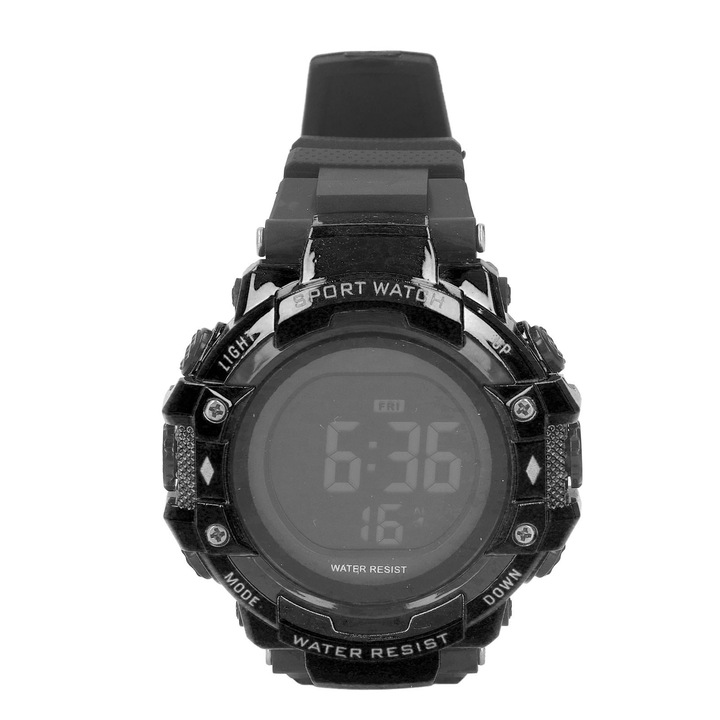 Спортен цифров часовник с голям LED екран, водоустойчив 5bar, аларма, хронометър, черен