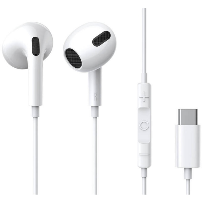 CASTI Baseus Encok C17, pt smartphone, control volum + microfon pe fir, conectare prin cablu USB Type-C, lungime cablu 1.1m, alb