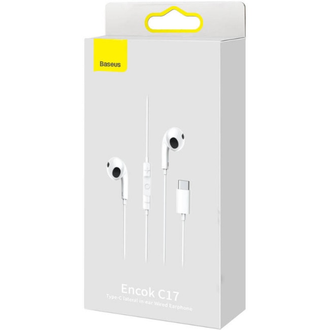 CASTI Baseus Encok C17, pt smartphone, control volum + microfon pe fir, conectare prin cablu USB Type-C, lungime cablu 1.1m, alb