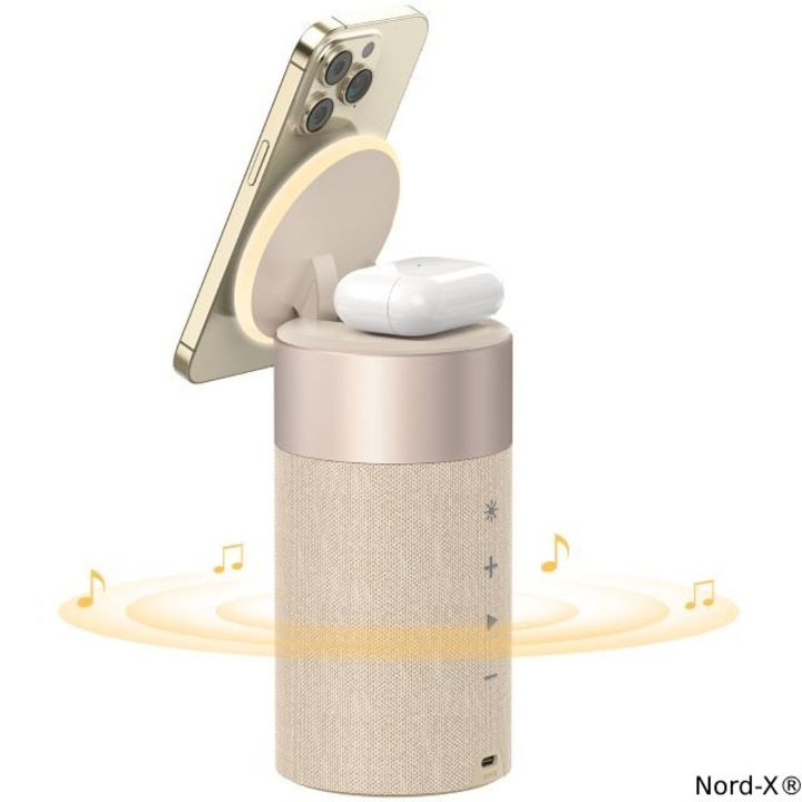 Boxa Portabila 3 in 1 Nord-X® – Incarcator Wireless 15W, Design Magnetic, Compatibil Telefon si Casti, Culoare Auriu