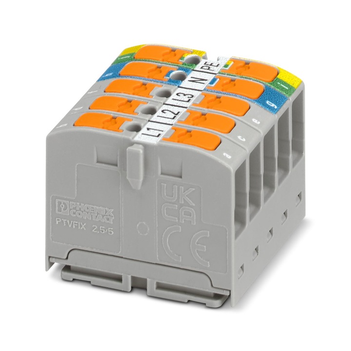 PTVFIX 2,5-3L/N/GNYE Bloc distributie 2.5 mm² trifazat, 10 conexiuni, gri-albastru-galben-verde Phoenix Contact