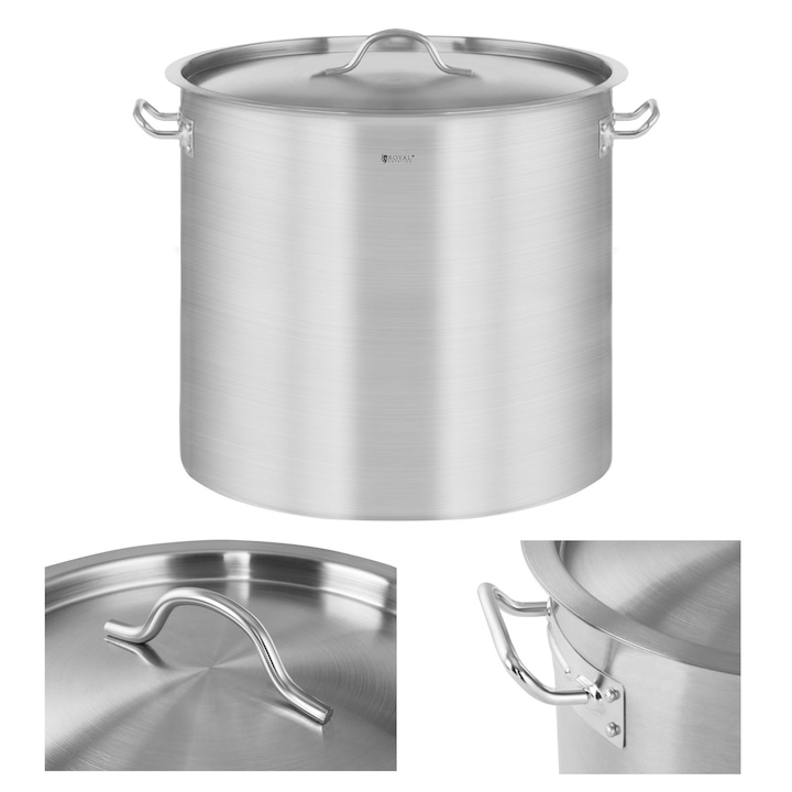 Oala din inox cu capac, Royal Catering, 21L, fund tip sandwich, manere reci la atingere, 30x38,5x34cm