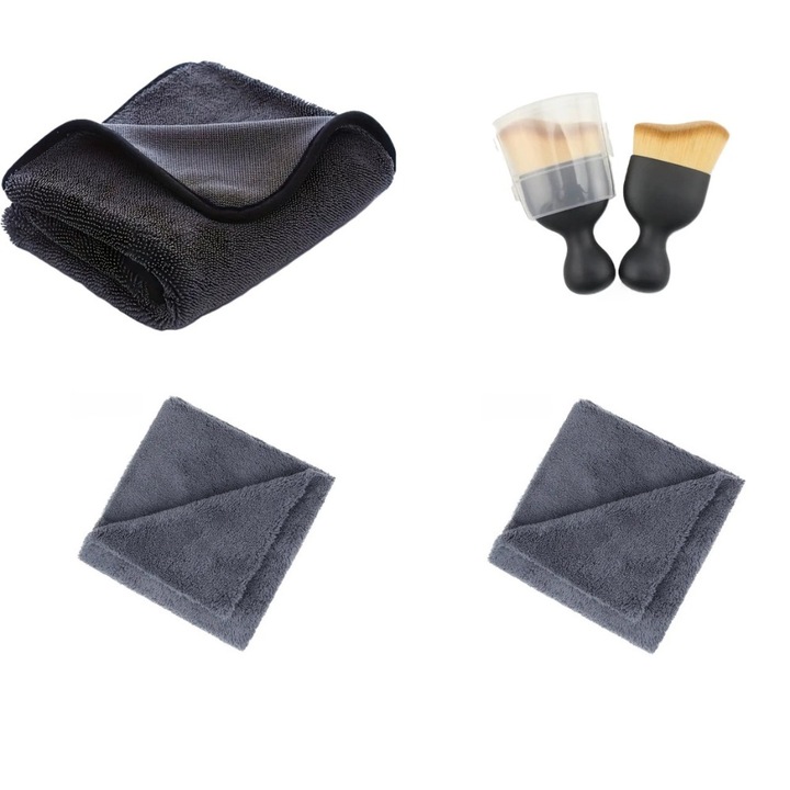 Премиум микрофибърна кърпа за сушене на кола, усукана примка, 750 г/м², размер 160X60 см, + две премиум микрофибърни кърпи без ръбове за елиминиране на риска от микродраскотини, 450 г/м², размер 40X40 см + четка от нанофибър