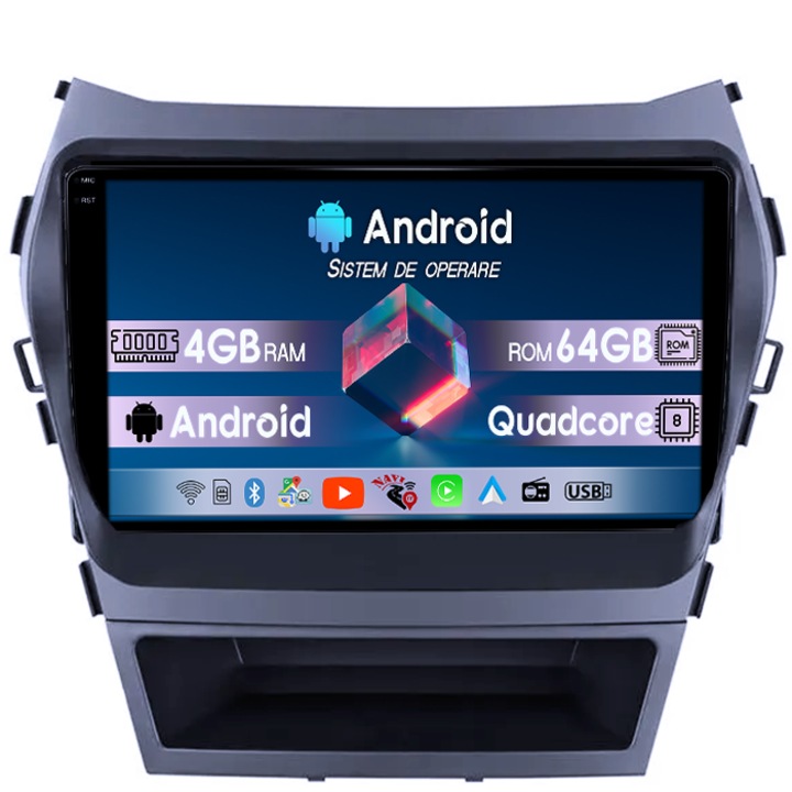 Navigatie dedicata Hyundai IX45 2013-2017, 4GB RAM 64GB ROM, Octacore, Display 9" QLED 1K, Carplay, Android 14, Bluetooth, Magazin Play, Suport Camere AHD